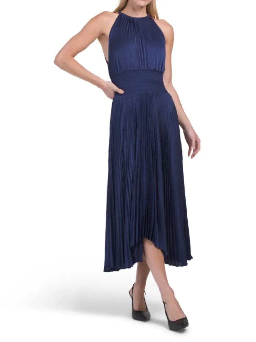 alc blue dress pleated A.L.C. Renzo II Satin Pleated Dress in Riviera, Size 14